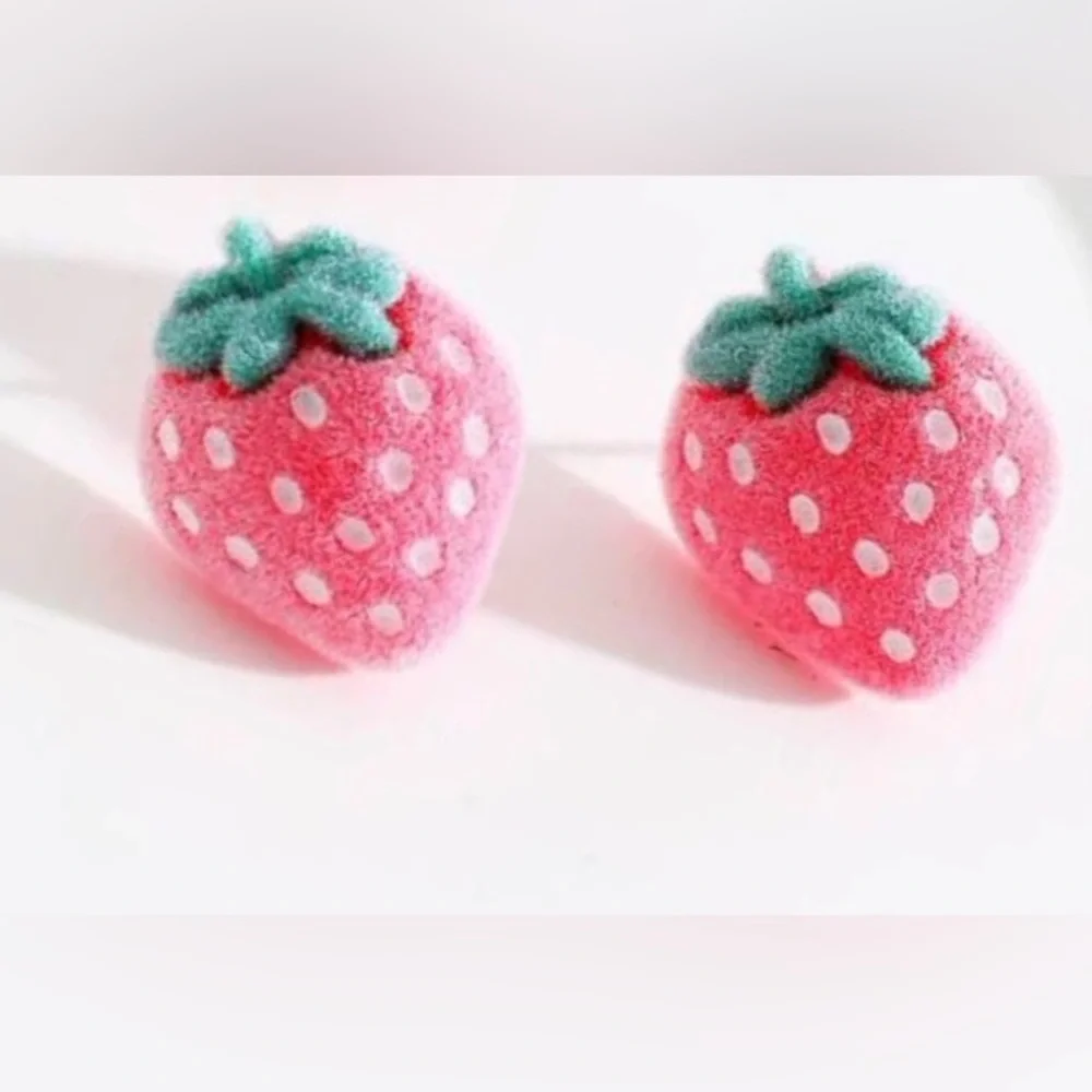 Fuzzy Strawberries~ Furry Fluffy Flocked Strawberry Fruit Kawaii Yummy Pink Stud